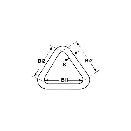 Schematische Maßzeichnung eines Triangels mit Kennzeichnung der Innenmaße Bi1 an der Basis und Bi2 an beiden Schenkeln sowie der Materialstärke S.