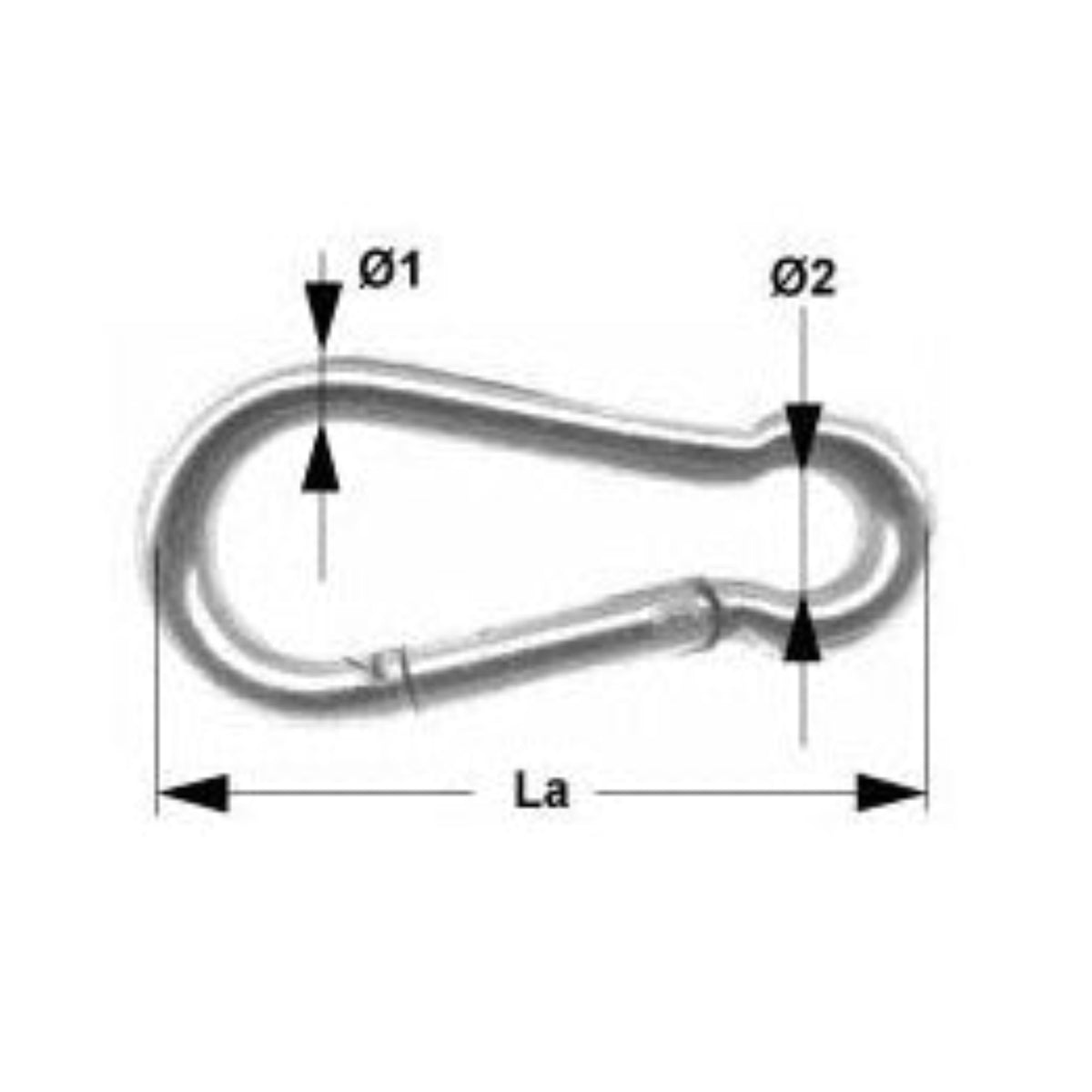 Asymmetrischer Karabinerhaken ohne Kausche, technische Zeichnung mit Maßen La, Ø1 und Ø2