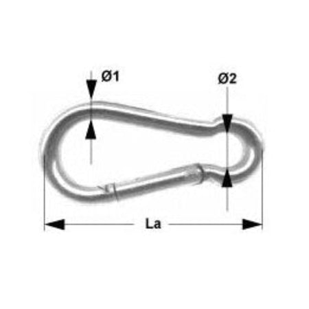 Asymmetrischer Karabinerhaken ohne Kausche, technische Zeichnung mit Maßen La, Ø1 und Ø2