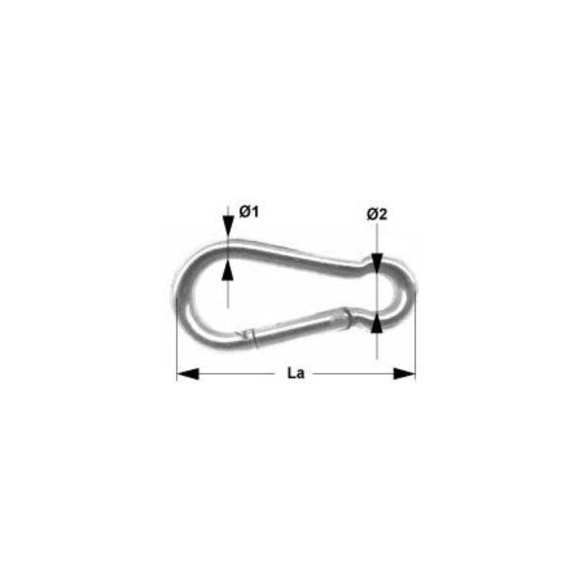 Asymmetrischer Karabinerhaken mit Kausche, technische Zeichnung mit Maßen La, Ø1 und Ø2