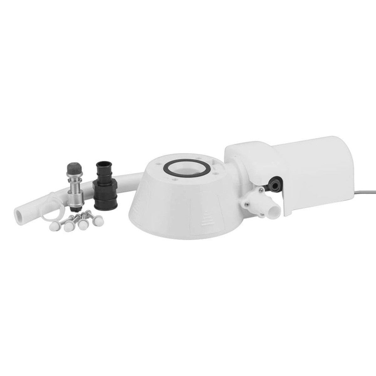 JABSCO Elektro-Umrüstsatz JP37010-0092 mit 12 V für manuelle Bootstoiletten: weiße Pumpen- und Motoreinheit mit runder Aufnahme, Schlauchanschlüssen, Adaptern und Befestigungsteilen auf weißem Hintergrund.