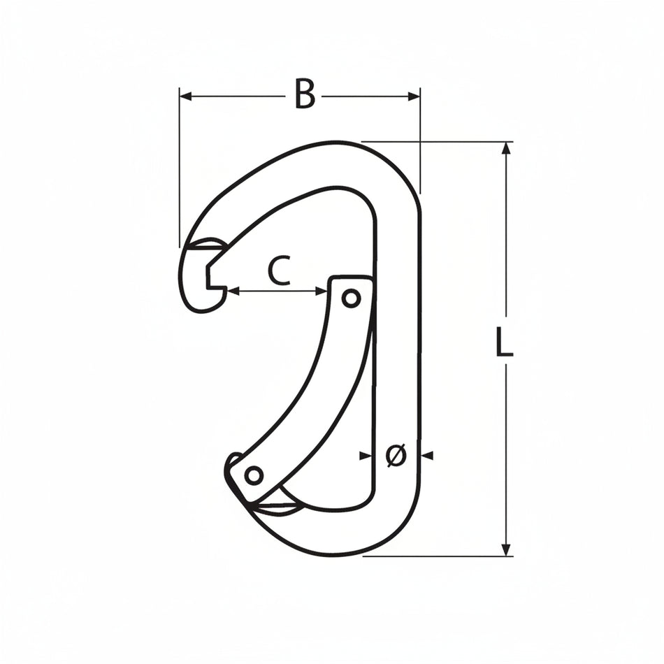 Technische Zeichnung Karabinerhaken Alu Ø 11 mm mit Maßangaben B, L, Ø und C - Art.-Nr. 814671