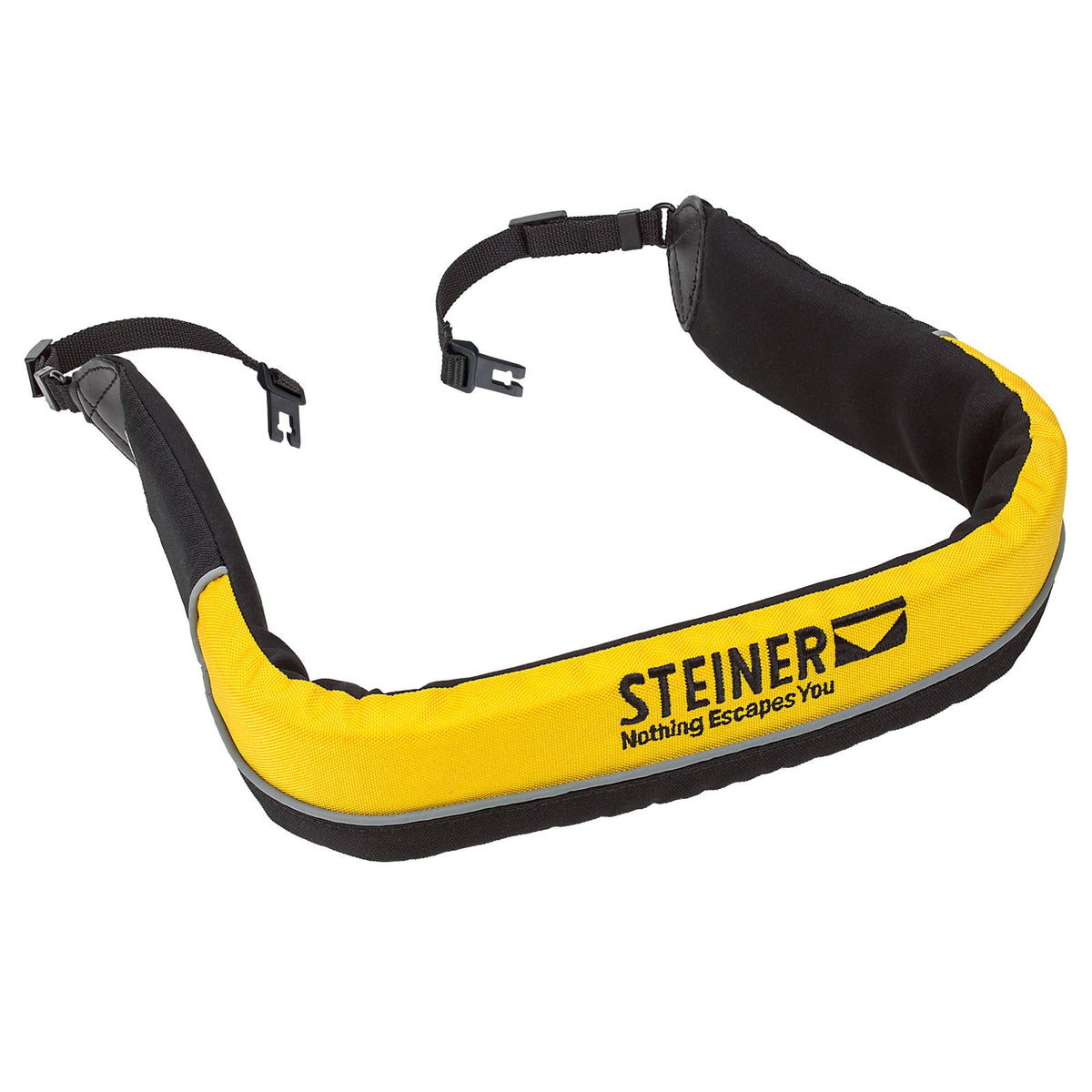 Steiner Schwimmtragegurt für Commander 7x50 – gelb-schwarzer Neopren-Schwimmgurt mit STEINER Nothing Escapes You Logo und 3M-Leuchtstreifen auf weißem Hintergrund