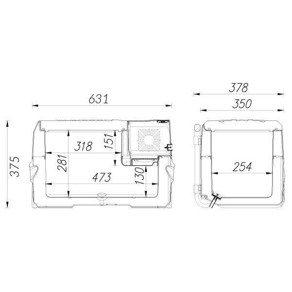 Maßzeichnung 1852 Kompressor Kühlbox 30L – Außenmaße 631×378×375 mm, Innenmaße 473×254 mm
