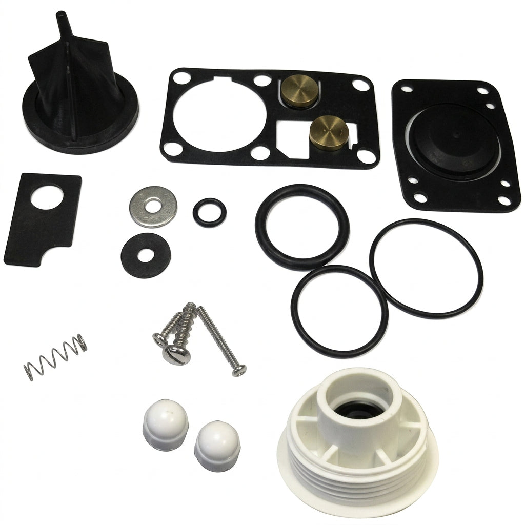 JABSCO Wartungssatz 29045-2000 Service-Kit A für manuelle Bootstoiletten 29090 und 29120 der Baujahre 1998–2007: schwarze Dichtungen, O-Ringe, Ventilteile, Feder, Schrauben und helle Bauteile auf weißem Hintergrund.
