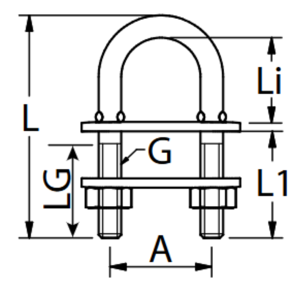U-Bolzen Edelstahl 1.4401 Detailansicht mit Gegenplatte - verschiedene Gewindegrößen M5 bis M10
