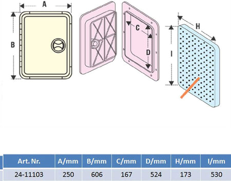 Inspektionsluke 606x250mm weiß 180° Öffnung wasserdicht