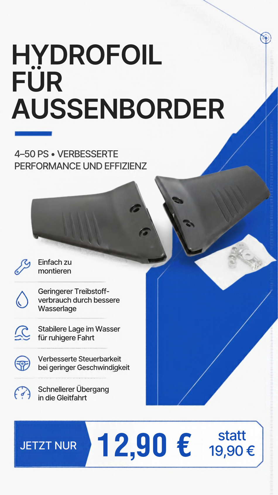 Hydrofoil für Außenborder - 3 Größen für 4-250 PS