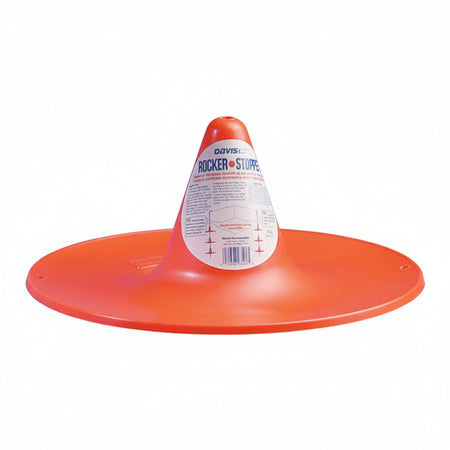 Davis Rocker Stopper DA352 – orangerote Kunststoffscheibe Ø 340 mm mit konischem Zapfen, Etikett ROCKER STOPPER von Davis Instruments, weißer Hintergrund