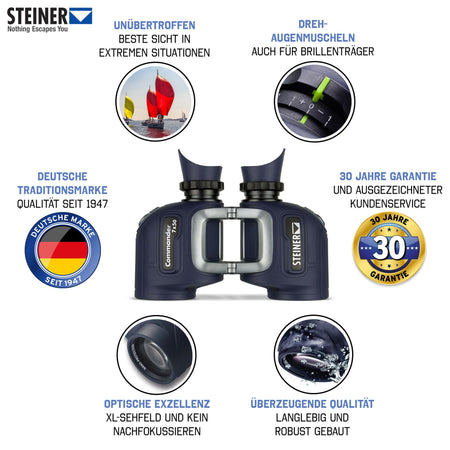 Steiner Commander 7x50 – Schrägansicht von vorne, Objektivlinsen und Auto-Focus-Taste sichtbar