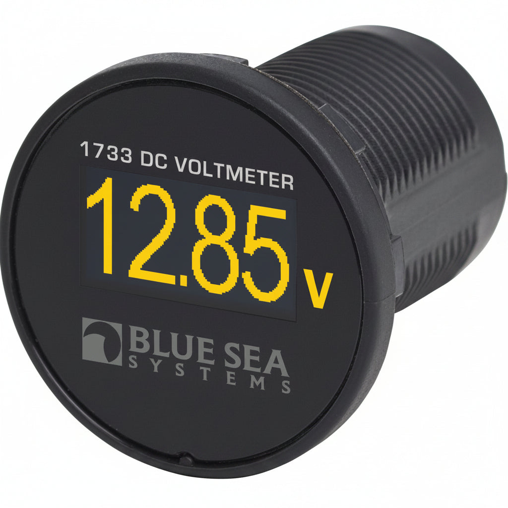 Blue Sea Systems Mini-OLED DC Voltmeter BS1733-B5 – 12/24V, Messbereich 8-36V, gelbes Display, Ø29mm Einbau
