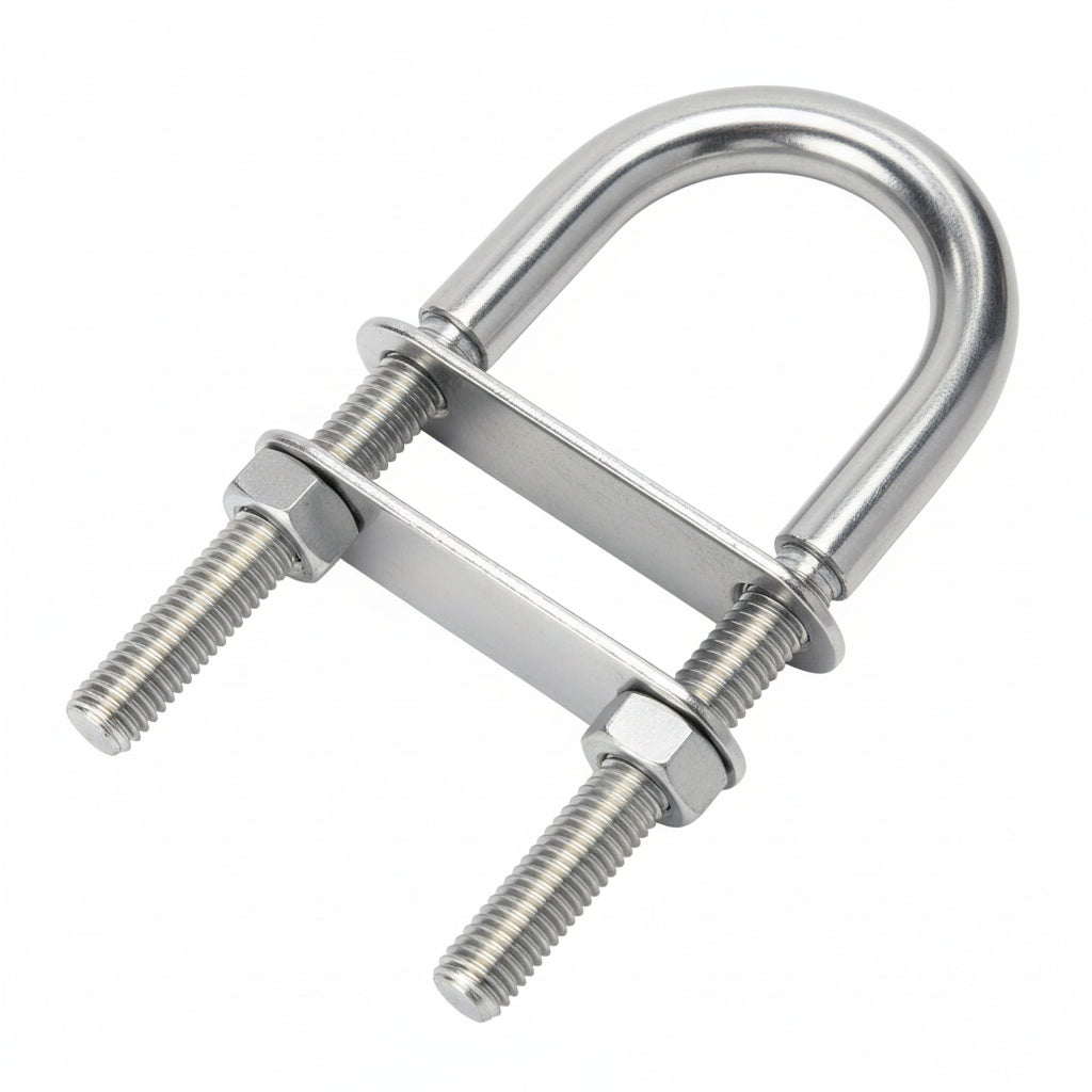 Gewindebügel U-Bolzen aus A4-AISI 316 komplett mit 2 Gegenplatten für maritime Befestigungen
