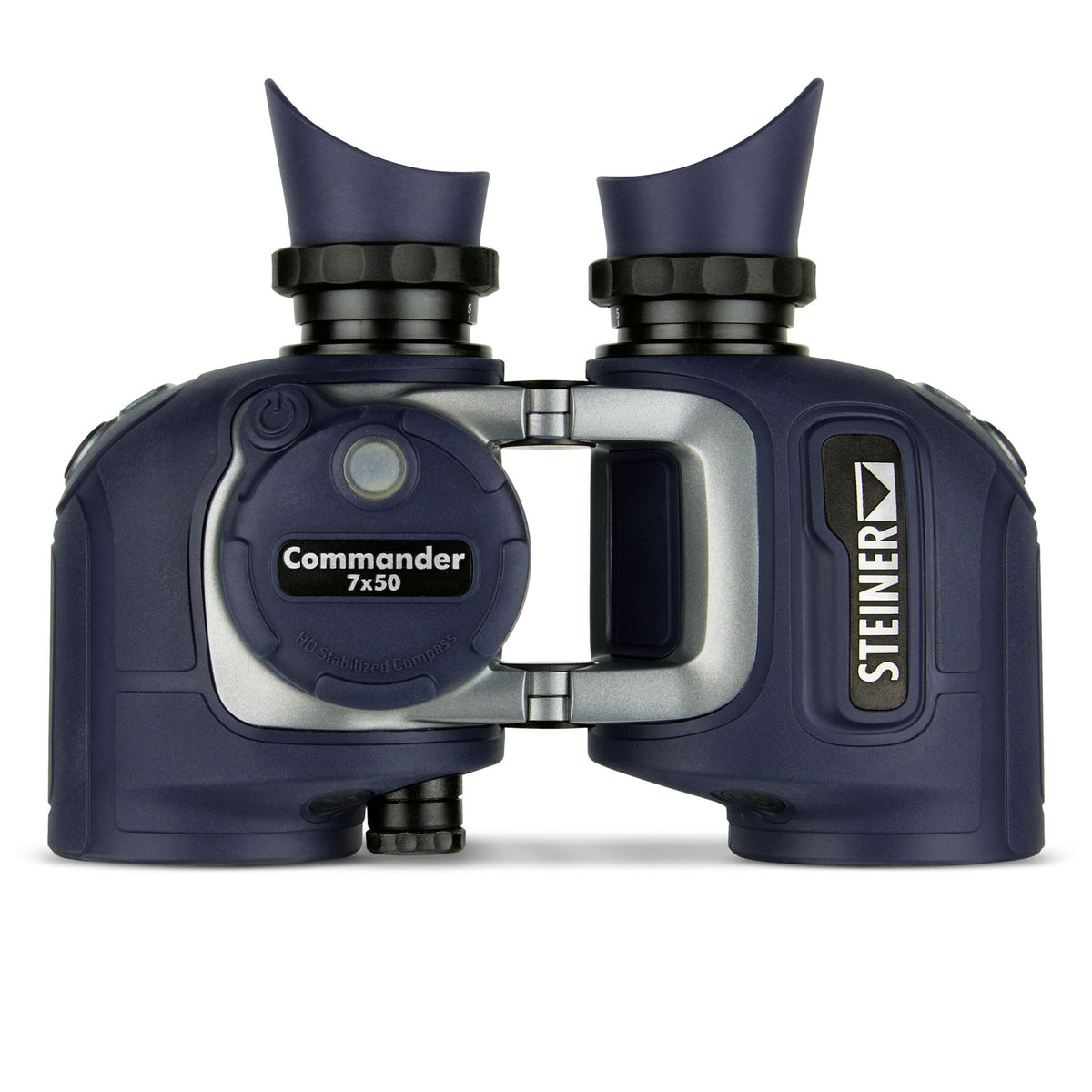 Steiner Commander 7x50c – Frontansicht mit eingebautem HD-Kompass und Auto-Focus-Taste, dunkelblaues Gehäuse