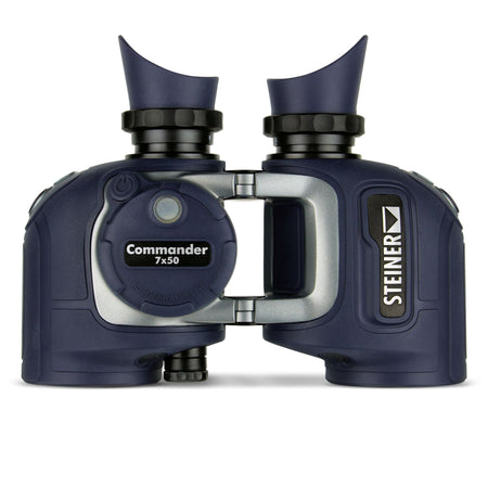 Steiner Commander 7x50c – Frontansicht mit eingebautem HD-Kompass und Auto-Focus-Taste, dunkelblaues Gehäuse