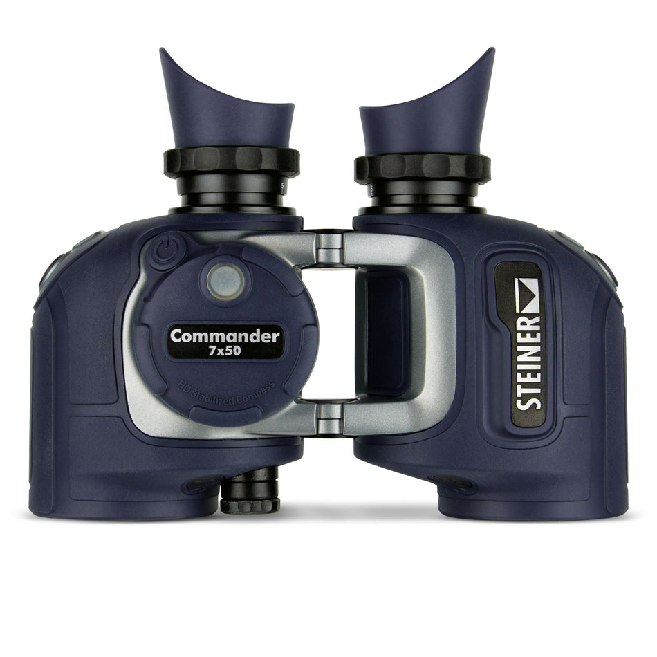 Steiner Commander 7x50c – Frontansicht mit eingebautem HD-Kompass und Auto-Focus-Taste, dunkelblaues Gehäuse