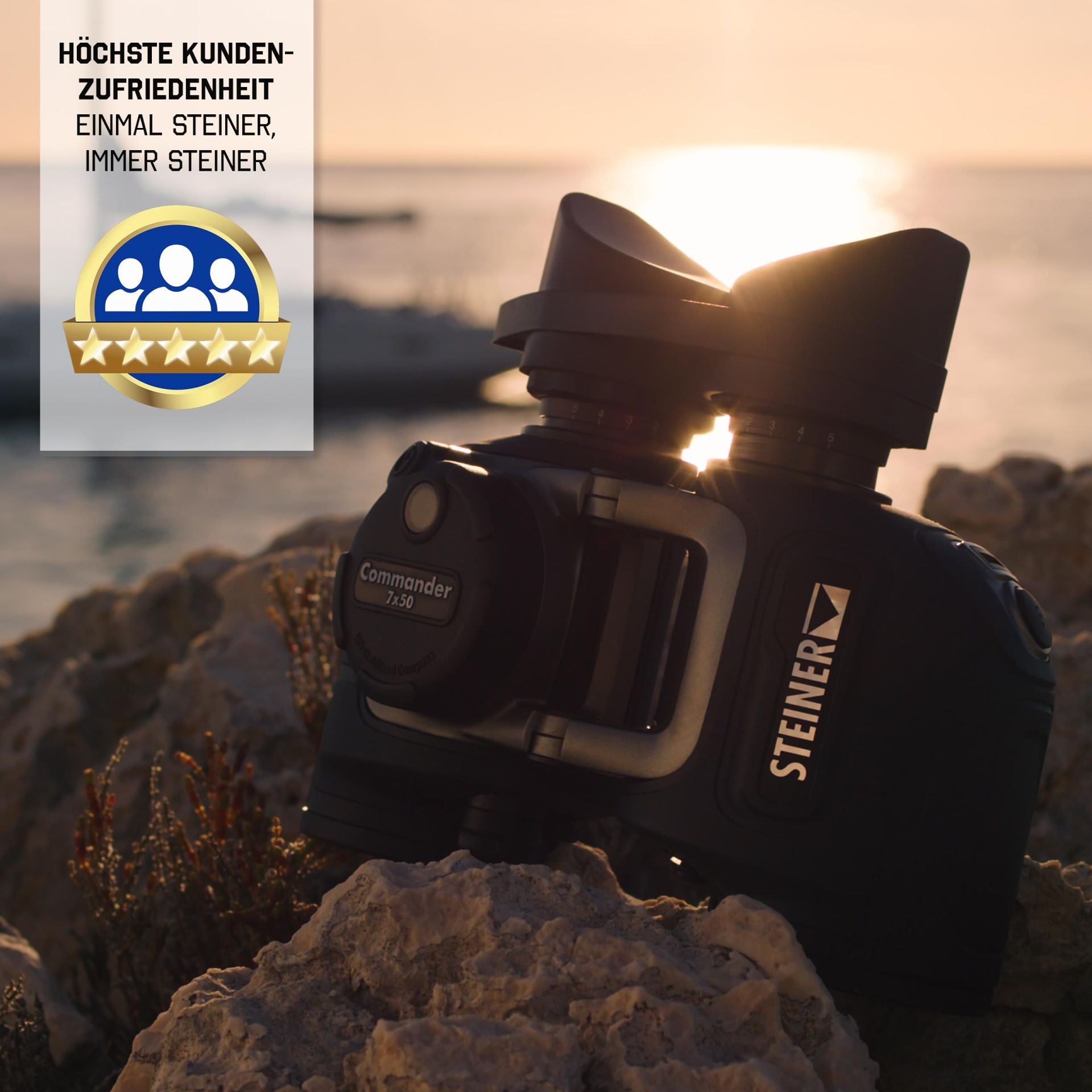Steiner Commander 7x50 bei Sonnenuntergang auf Felsen, höchste Kundenzufriedenheit