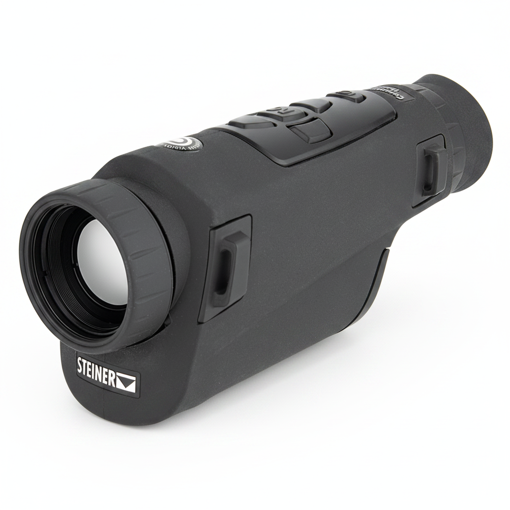 Steiner Commander Thermal – Frontansicht auf weißem Hintergrund, schwarzes kompaktes Gehäuse mit Quantum Vision Logo und Commander Thermal Schriftzug