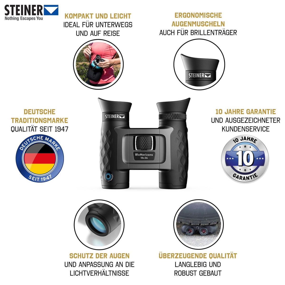Steiner BluHorizons 10x26 – Featureübersicht: kompakt & leicht, ergonomische Augenmuscheln auch für Brillenträger, Schutz der Augen, 10 Jahre Garantie, Deutsche Traditionsmarke seit 1947