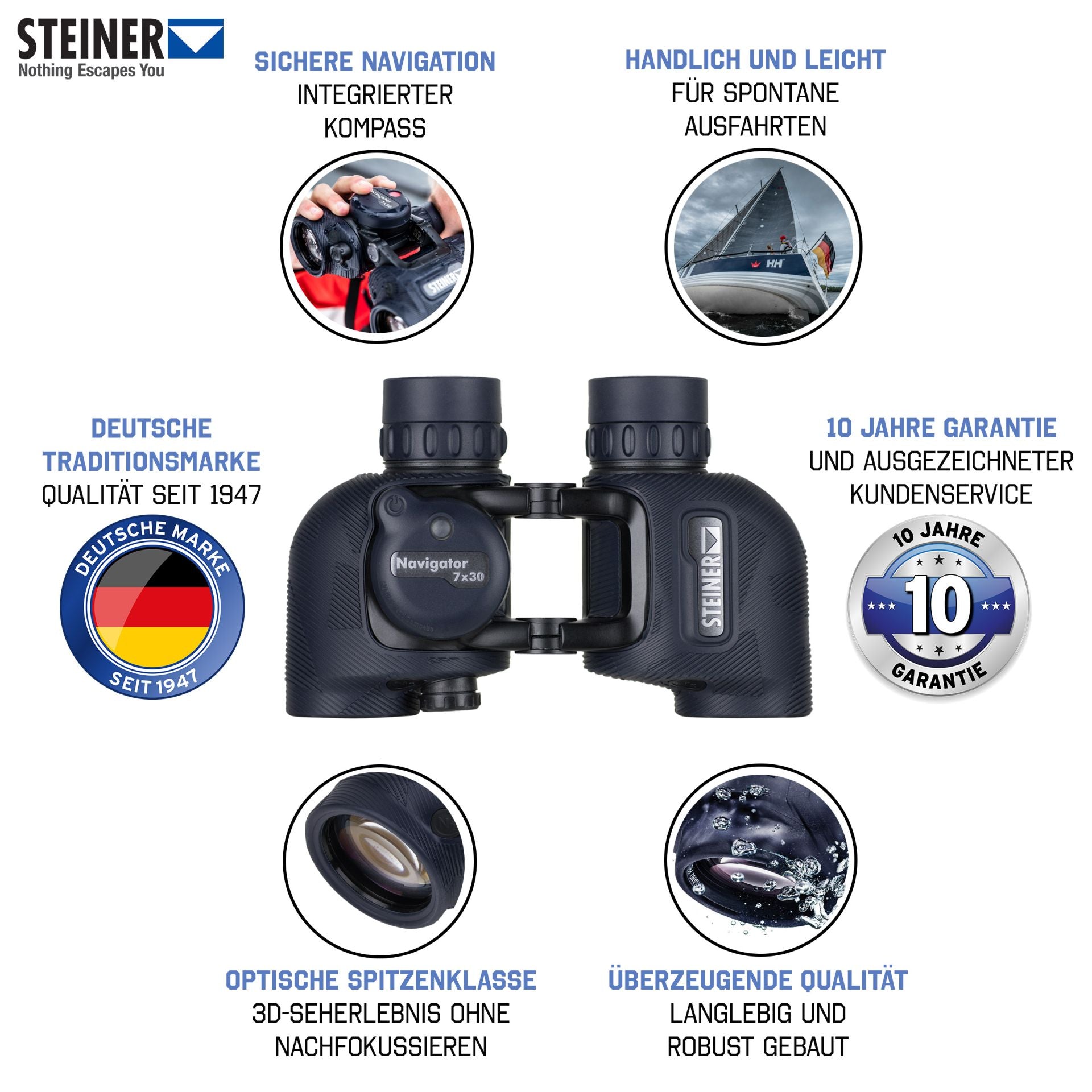 Steiner Navigator 7x30c – Featureübersicht: integrierter Kompass, handlich & leicht, optische Spitzenklasse, überzeugende Qualität, 10 Jahre Garantie, Deutsche Traditionsmarke