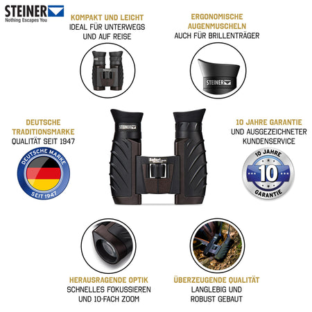 Steiner Safari UltraSharp 10x26 – Featureübersicht: kompakt & leicht, ergonomische Augenmuscheln, 10-facher Zoom mit schnellem Fokus, hohe Qualität, 10 Jahre Garantie, Deutsche Traditionsmarke seit 1947