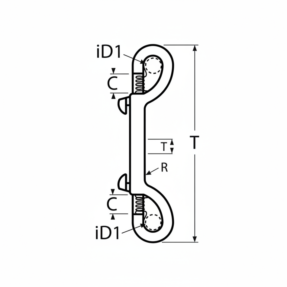 Doppelkarabiner Abmessungen - Technische Zeichnung mit Maßangaben iD1, L, C für Edelstahl A4 AISI 316 Karabinerhaken doppelt
