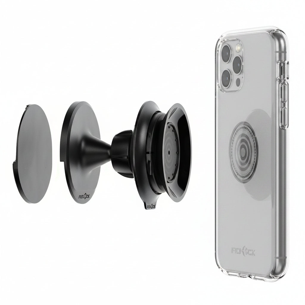 FIDLOCK VACUUM wall base DB4160 schwarz – Explosionsdarstellung mit Wandbefestigung, Magnetkopf und FIDLOCK VACUUM Smartphone-Case
