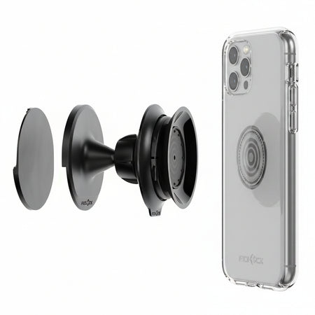 FIDLOCK VACUUM wall base DB4160 schwarz – Explosionsdarstellung mit Wandbefestigung, Magnetkopf und FIDLOCK VACUUM Smartphone-Case
