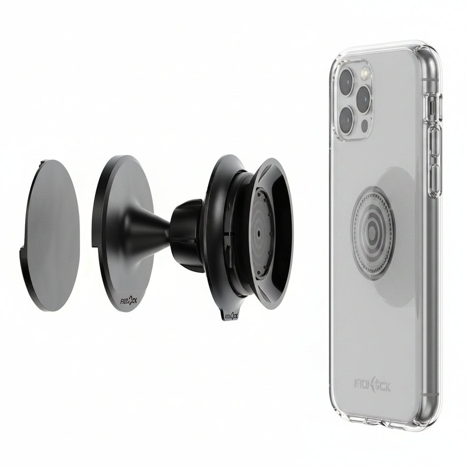 FIDLOCK VACUUM wall base DB4160 schwarz – Explosionsdarstellung mit Wandbefestigung, Magnetkopf und FIDLOCK VACUUM Smartphone-Case
