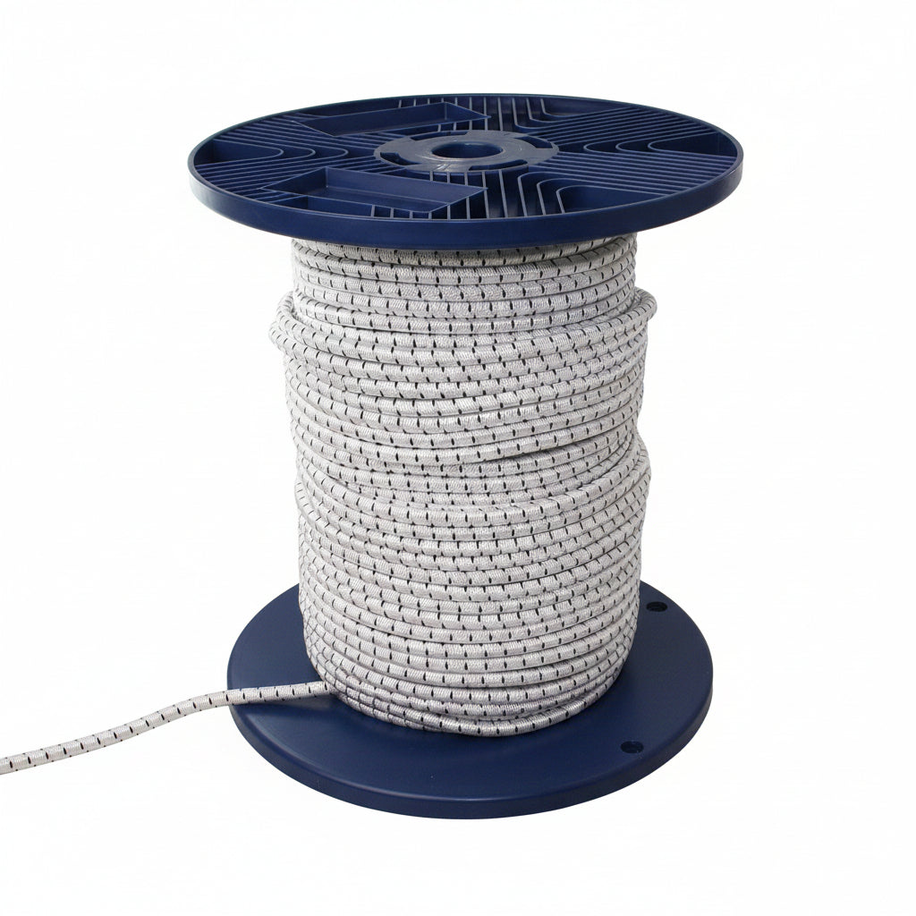 Weiße Gummileine mit geflochtenem Polyestermantel auf blauer Kunststoffrolle – 3 bis 12 mm, AL031 bis AL121