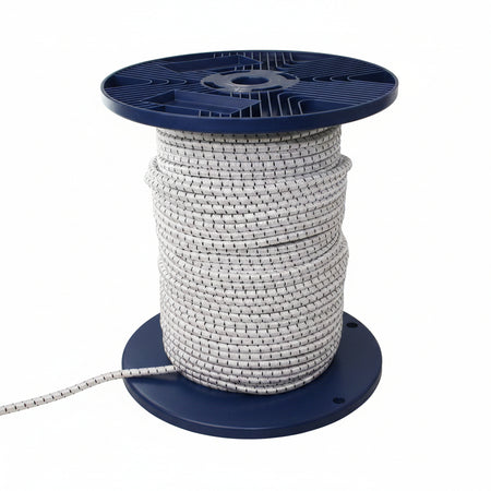 Weiße Gummileine mit geflochtenem Polyestermantel auf blauer Kunststoffrolle – 3 bis 12 mm, AL031 bis AL121