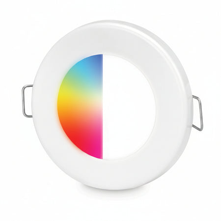 HELLA Marine APELO EuroLED 75 RGB Einbauleuchte weiß – Art.-Nr. HL017884001, RGB-Farbspektrum, weißes Kunststoffgehäuse, 75 mm Durchmesser
