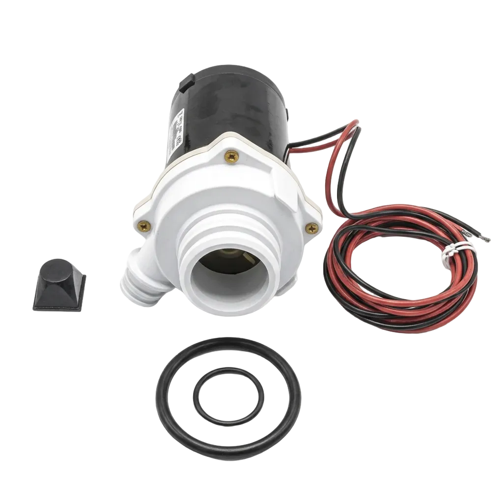 JABSCO 24-V-Motor-Pumpeneinheit für Quiet Flush E2 mit schwarzem Elektromotor, weißem Pumpengehäuse, roten und schwarzen Anschlussleitungen sowie beiliegenden Dichtungsringen und Joker-Ventil, ohne Toilettensockel.