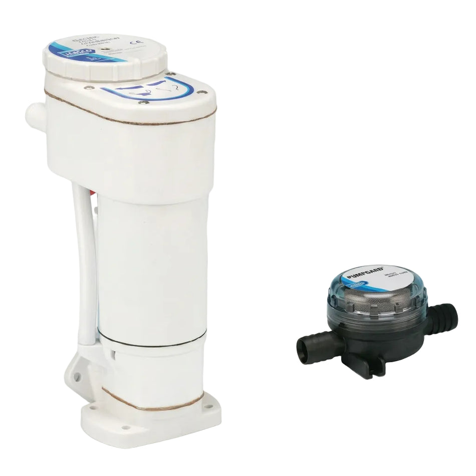 JABSCO Elektro-Umrüstsatz 29200-0120 für manuelle Twist’n’Lock Bootstoiletten, 12 V: weiße Pumpeneinheit und separate schwarze Pumpe mit seitlichen Schlauchanschlüssen vor weißem Hintergrund.