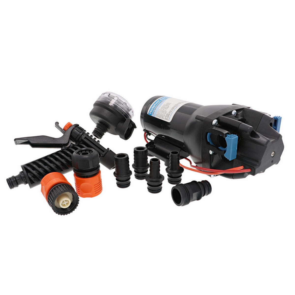 JABSCO HotShot HD4 JPQ401J118N Deckwaschpumpe 12 V ohne Schlauch, mit schwarzer Spritzpistole, Filter mit transparentem Deckel, Anschlussadaptern und orange-schwarzen Schnellkupplungen auf weißem Hintergrund