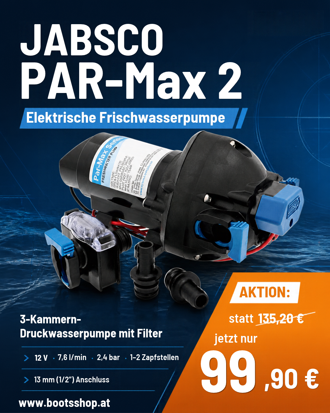 JABSCO PAR-Max 2.0 Druckwasserpumpe 7,6l/min - 3-Kammern 12V/24V