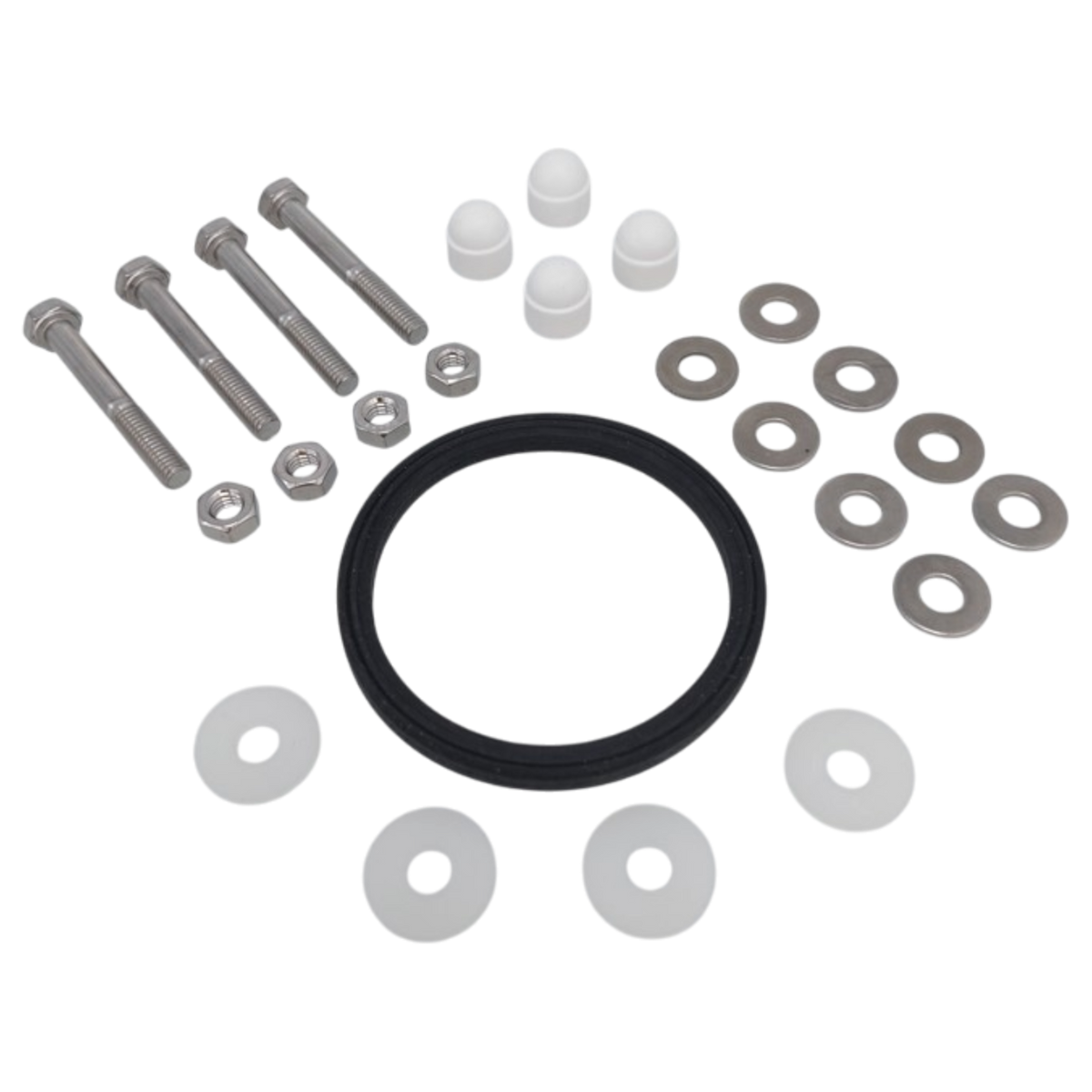 JABSCO Servicekit E 29047-0000 zur Verbindung von Toilettenbasis und WC-Schüssel: schwarzer Schüssel-O-Ring, vier Schrauben mit Muttern, metallene und weiße Unterlegscheiben sowie vier weiße Schraubenkappen.