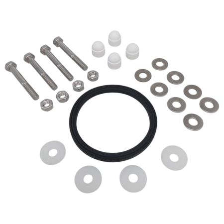 JABSCO Servicekit E 29047-0000 zur Verbindung von Toilettenbasis und WC-Schüssel: schwarzer Schüssel-O-Ring, vier Schrauben mit Muttern, metallene und weiße Unterlegscheiben sowie vier weiße Schraubenkappen.