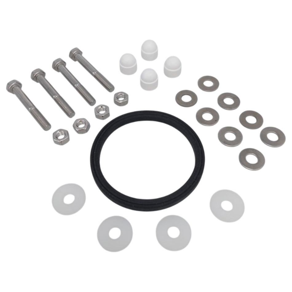 JABSCO Servicekit E 29047-0000 zur Verbindung von Toilettenbasis und WC-Schüssel: schwarzer Schüssel-O-Ring, vier Schrauben mit Muttern, metallene und weiße Unterlegscheiben sowie vier weiße Schraubenkappen.
