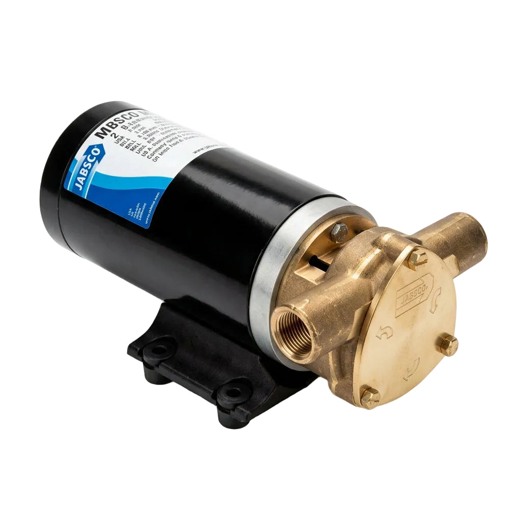 JABSCO MaxiPuppy 3000 Pumpe mit schwarzem zylindrischem Motorgehäuse, bronzefarbenem Pumpenkopf, sichtbarem Gewindeanschluss und schwarzem Montagefuß, schräg von vorne auf weißem Hintergrund.