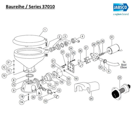 Explosionszeichnung der JABSCO Bootstoilette Serie 37010 mit nummerierten Bauteilen für Becken, Pumpeneinheit und Elektromotor als Modellübersicht.