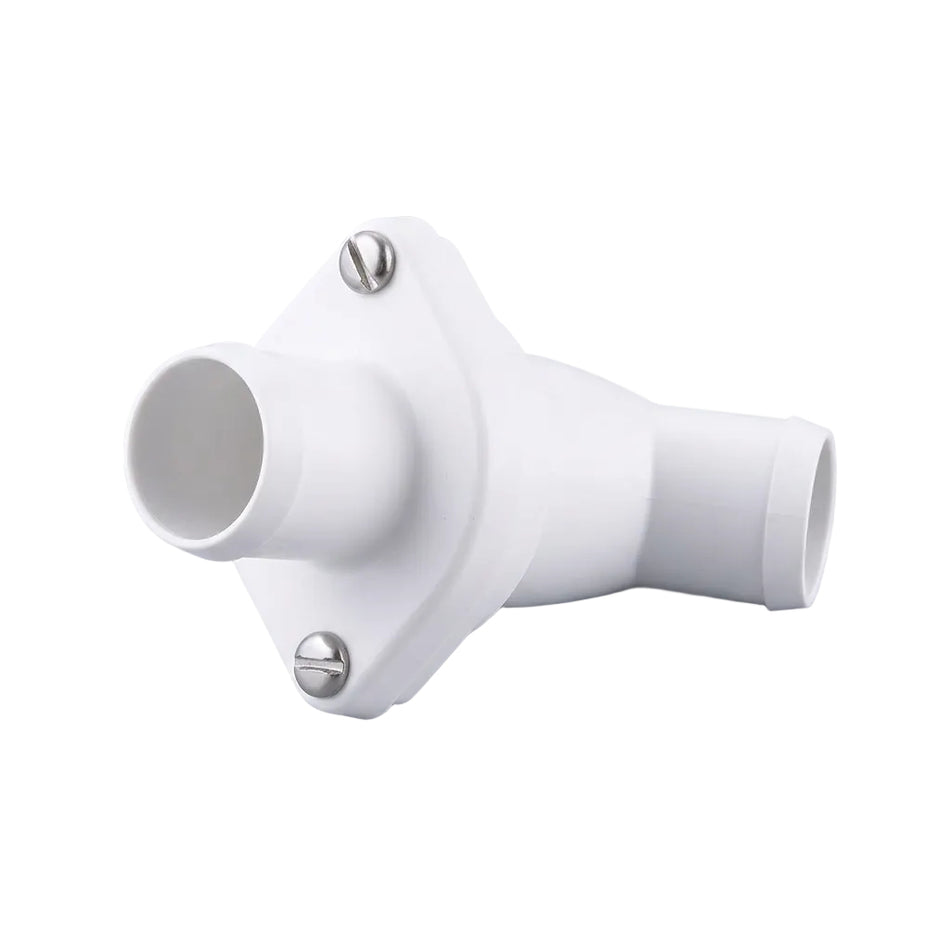 JABSCO 58109-1000 Rückschlagventil-Baugruppe für Bordtoiletten, weißes Gehäuse mit zwei Rohranschlüssen, verschraubtem Flansch und seitlich abgewinkeltem Anschluss auf weißem Hintergrund.