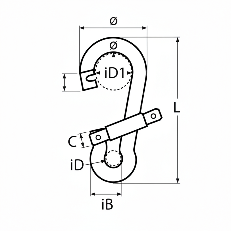 Karabiner Spezialverschluss Abmessungen - Technische Zeichnung mit Maßangaben iD, iD1, B, L, Ø, C für Edelstahl A4 AISI 316 Niro-Karabiner
