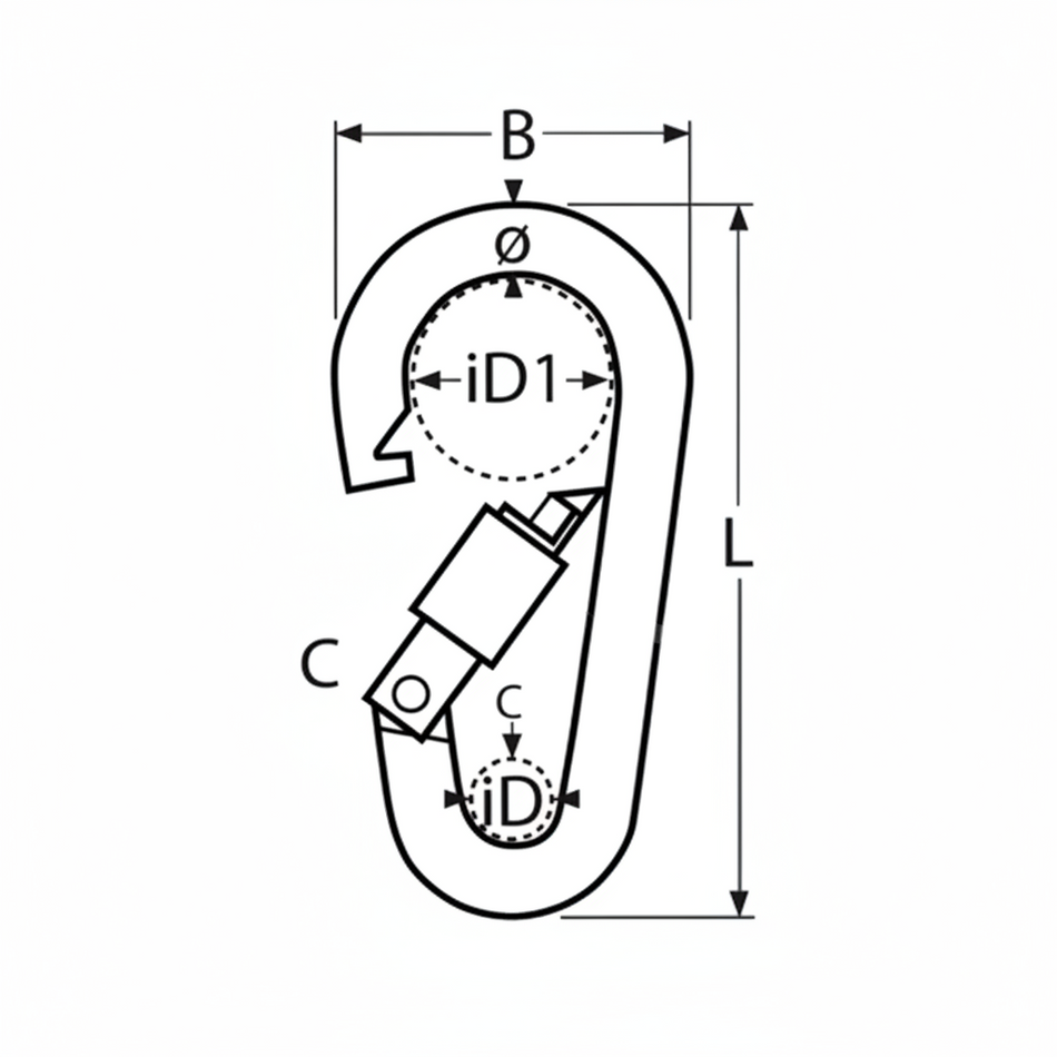 Karabinerhaken Birnenform Abmessungen - Technische Zeichnung mit Maßangaben B, iD, iD1, L, Ø, C für Edelstahl A4 AISI 316 Karabiner mit Sicherheitsmutter
