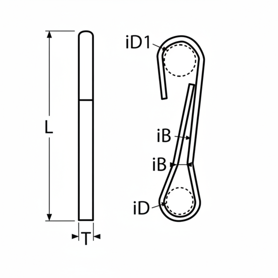 Karabiner Simplex Abmessungen - Technische Zeichnung mit Maßangaben iD, iD1, IB, L, C, T für Edelstahl A2 AISI 304 Simplexhaken
