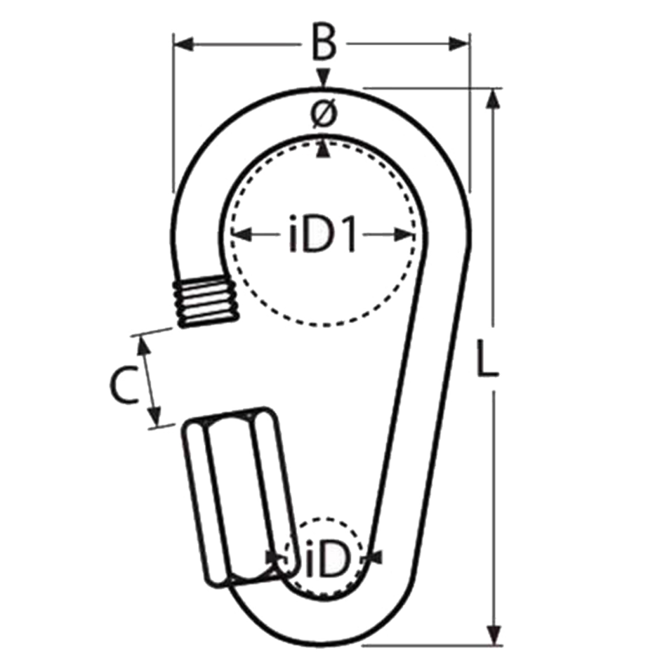 Karabinerhaken Schraubverbinder Birnenform Abmessungen - Technische Zeichnung mit Maßangaben B, iD, iD1, L, Ø, C für Edelstahl A4 AISI 316 Karabiner
