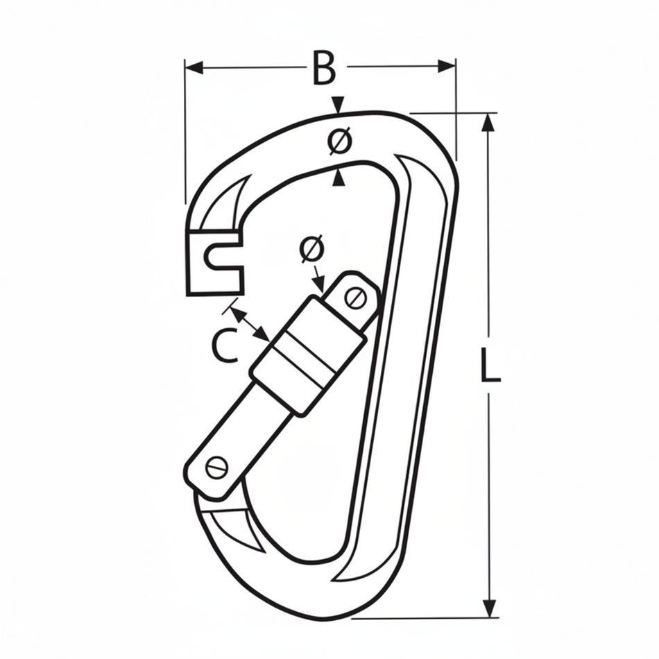 Karabinerhaken Springverschluss Abmessungen - Technische Zeichnung mit Maßangaben B, L, Ø, C für Edelstahl A4 AISI 316 Karabiner mit Sicherungsverschluss
