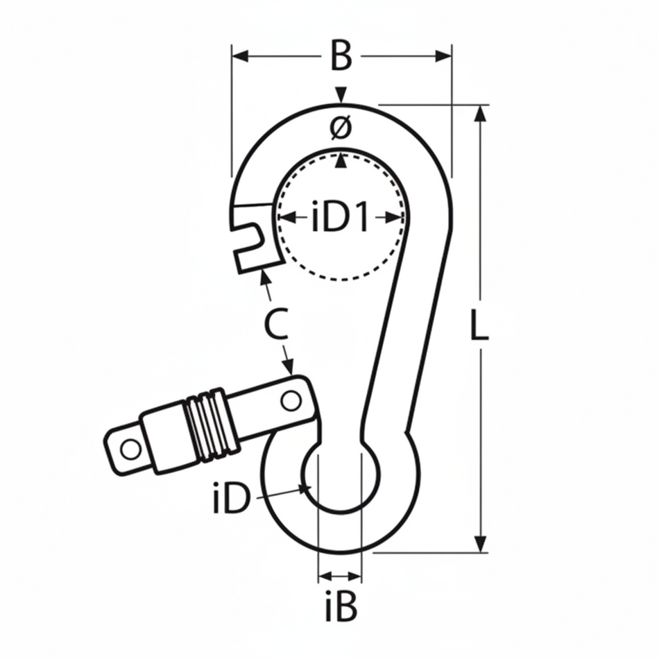 Karabiner Springverschluss Abmessungen - Technische Zeichnung mit Maßangaben B, iD, iD1, iB, L, Ø, C für Edelstahl A4 AISI 316 Niro-Karabiner
