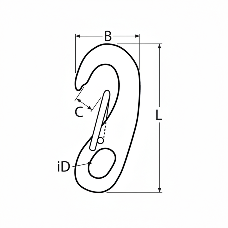 Niro-Karabiner mit Federbügel Abmessungen - Technische Zeichnung mit Maßangaben B, iD, L, C für Edelstahl A4 AISI 316 Karabiner mit selbstjustierendem Federbügel
