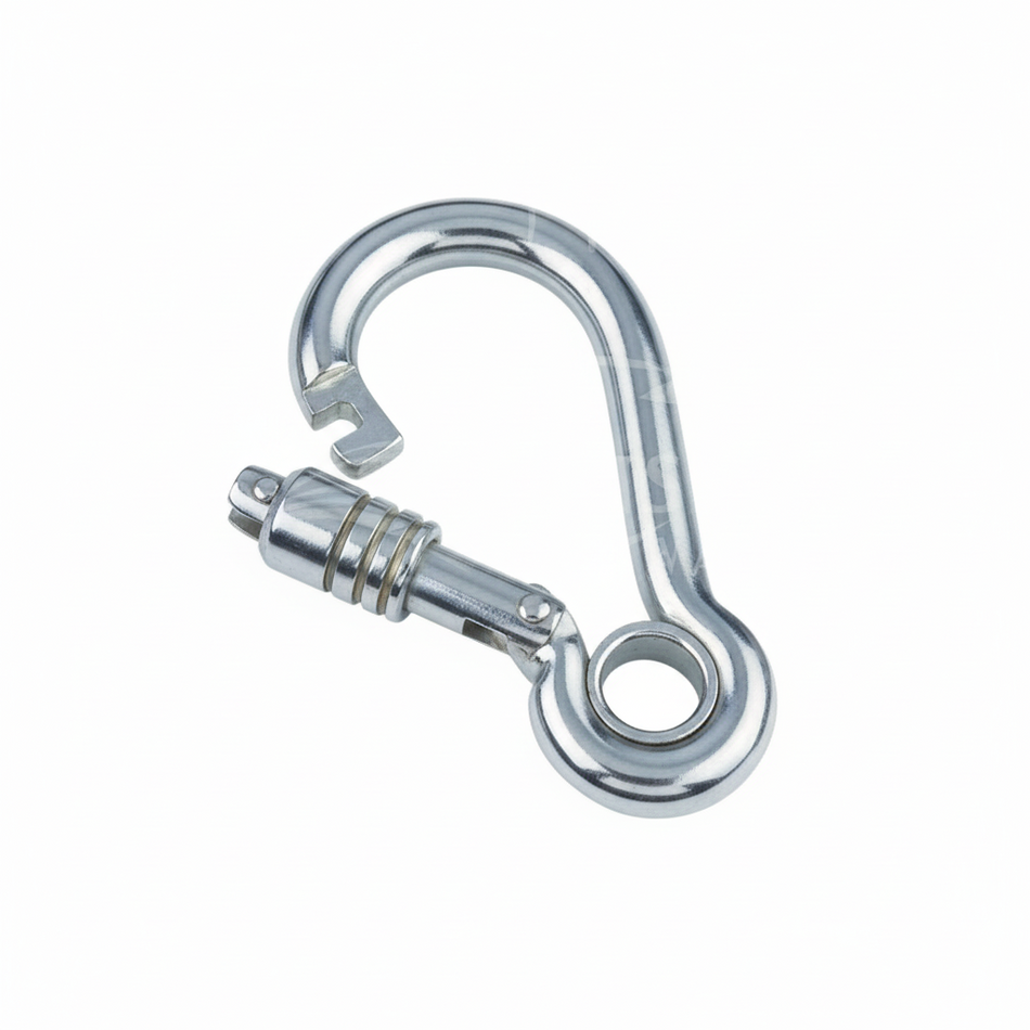 Karabinerhaken mit Springverschluss und Kausche Edelstahl A4 AISI 316 - 80mm mit nach außen öffnendem Verschluss, integrierte Kausche zum Fixieren von Leinen, 500kg Bruchlast, salzwasserfest
