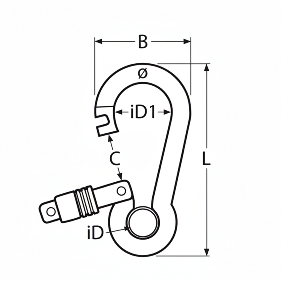 Karabinerhaken mit Kausche Abmessungen - Technische Zeichnung mit Maßangaben B, iD, iD1, L, Ø, C für Edelstahl A4 AISI 316 Karabiner mit Springverschluss
